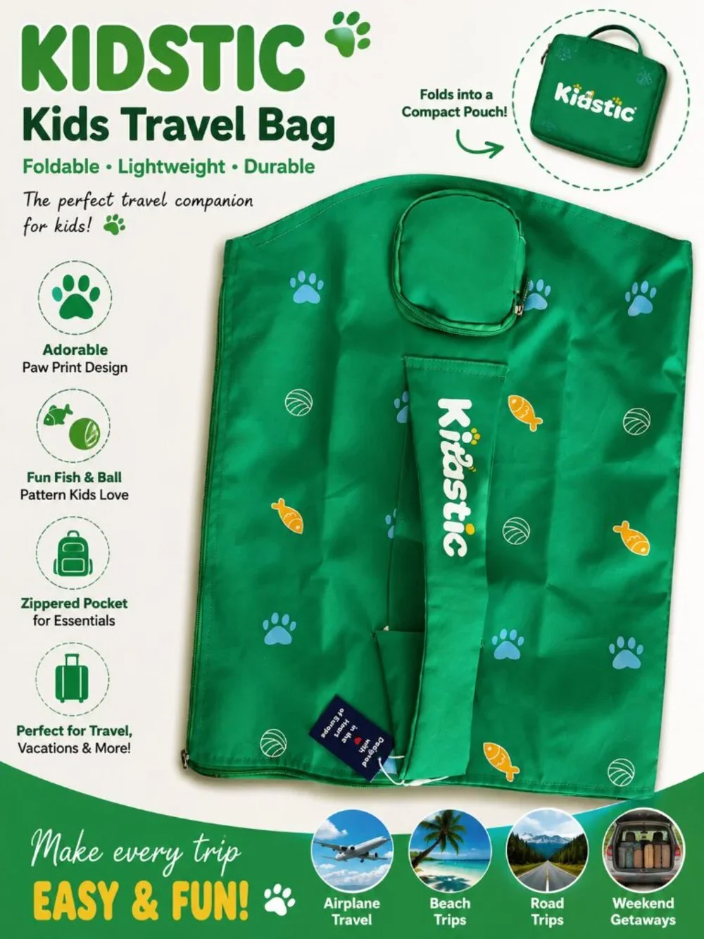 Kidstic Foldable Travel Storage Bag – Green Paw Print Organizer – New With Tags